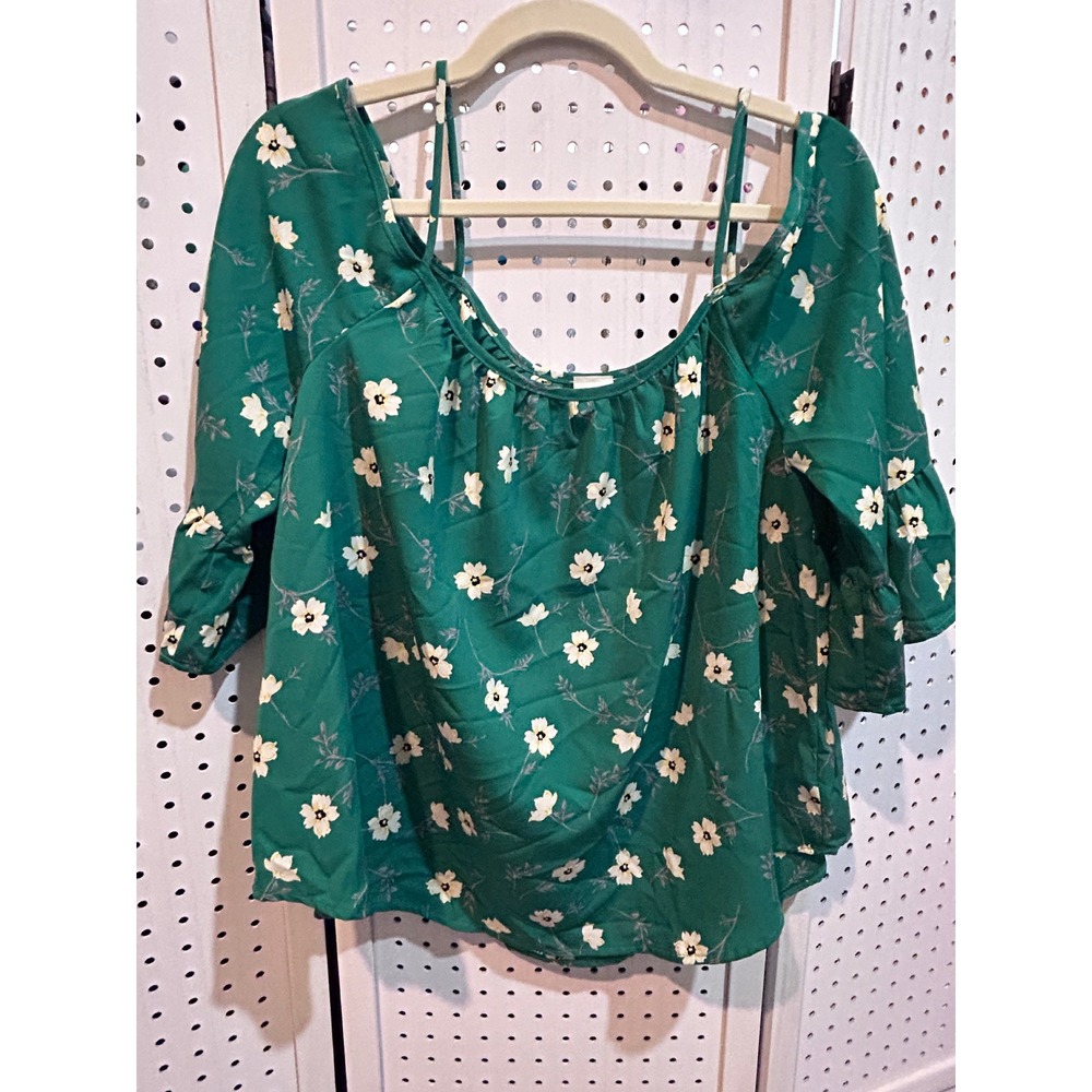 Kaileigh Green Floral Print Off Shoulder Blouse Top Size M